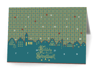 Der Design-Adventskalender zeigt eine adventlich erleuchtete Silhoutte einer Stadt vor einem Sternenhimmel. Die 24 Türchen verteilen sich dezent darüber.