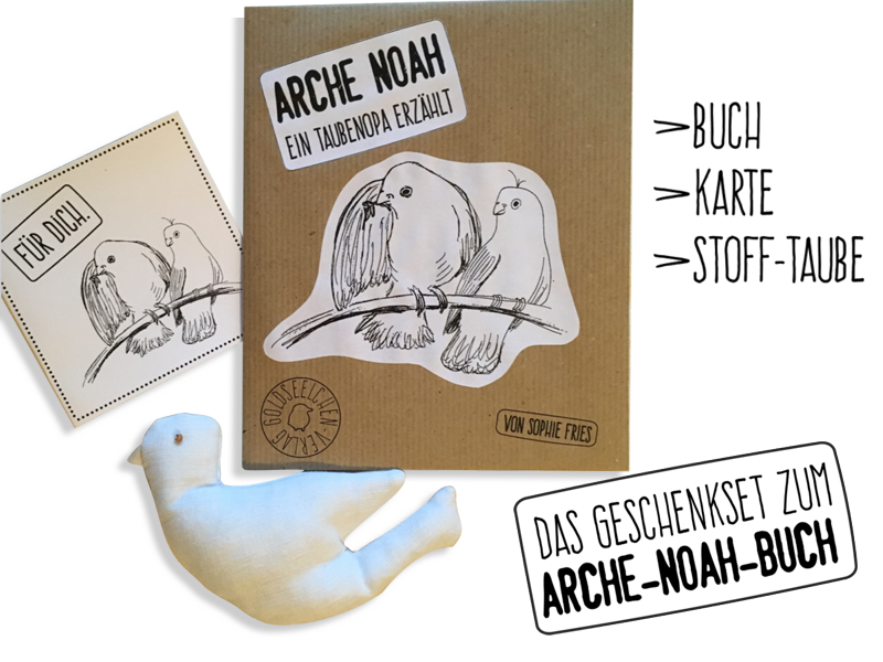 Das Geschenkset: Arche-Noah-Buch »Ein Taubenopa erzählt« geschenkig in Packpapier verpackt, dazu eine Karte mit Taubenopa und Enkel und eine genähte Stofftaube (ca. 13 cm groß)