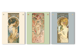 Jugendstil-Faltkarten als Set: „Primel“, „Rose“ und „Feder“ von Alfons Mucha