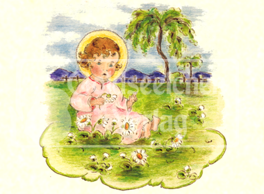 Eine Abbildung aus dem Buch: Ein kleines Kind sitzt auf einer Wiese, umgeben von Maßliebchen bzw. Gänseblümchen