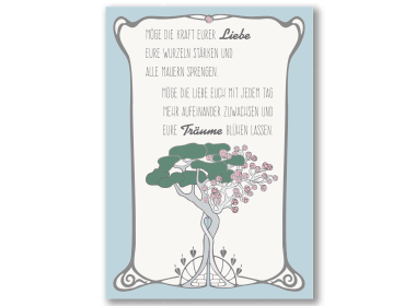 Ansicht der Postkarte: Der Wunsch an Liebende, darunter ein Motiv mit Ölbaum und Rose